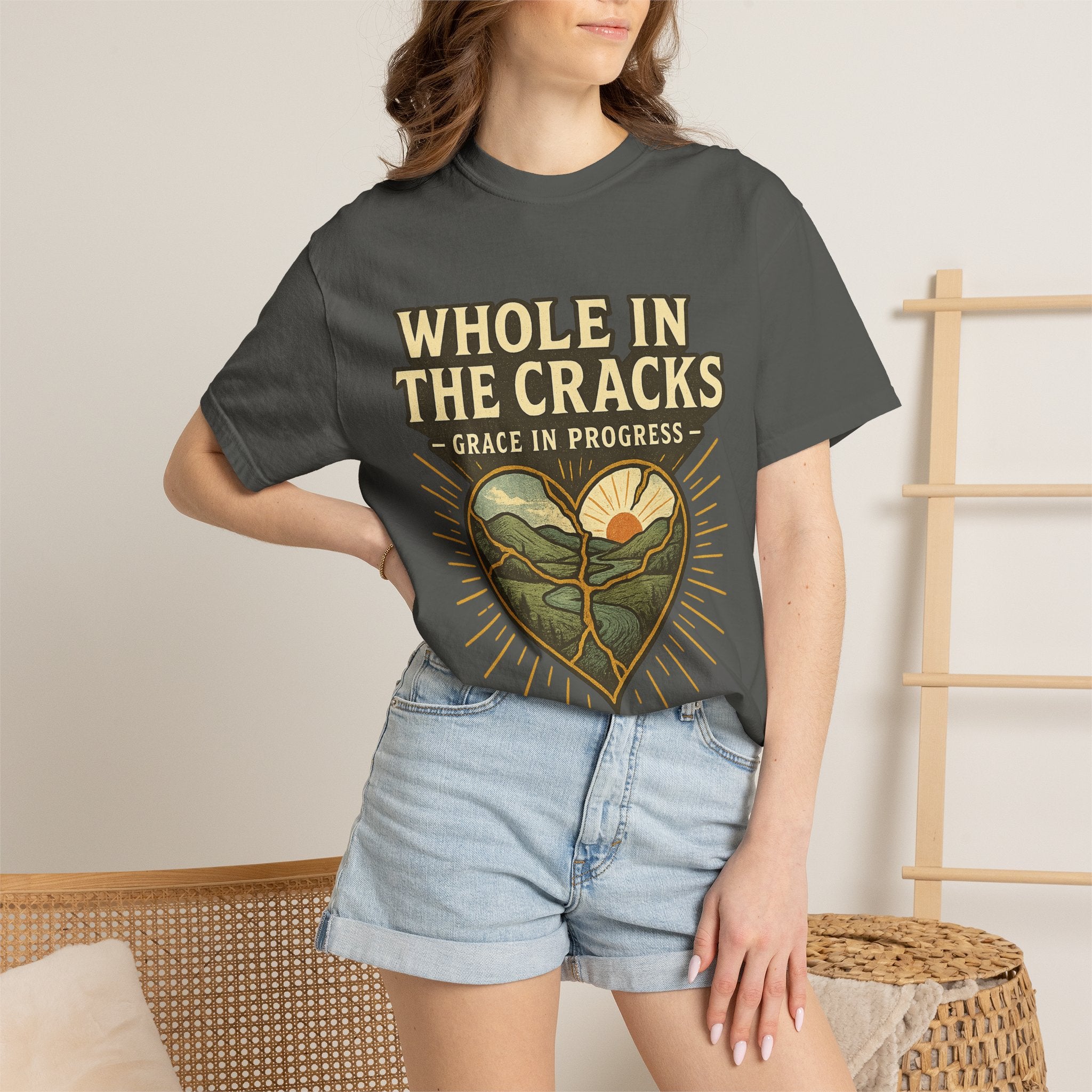Whole In The Cracks Kintsugi Heart Landscape T-Shirt | Faith Healing Apparel | Recovery Gift | Vintage Screen Print Tee | Grace In Progress