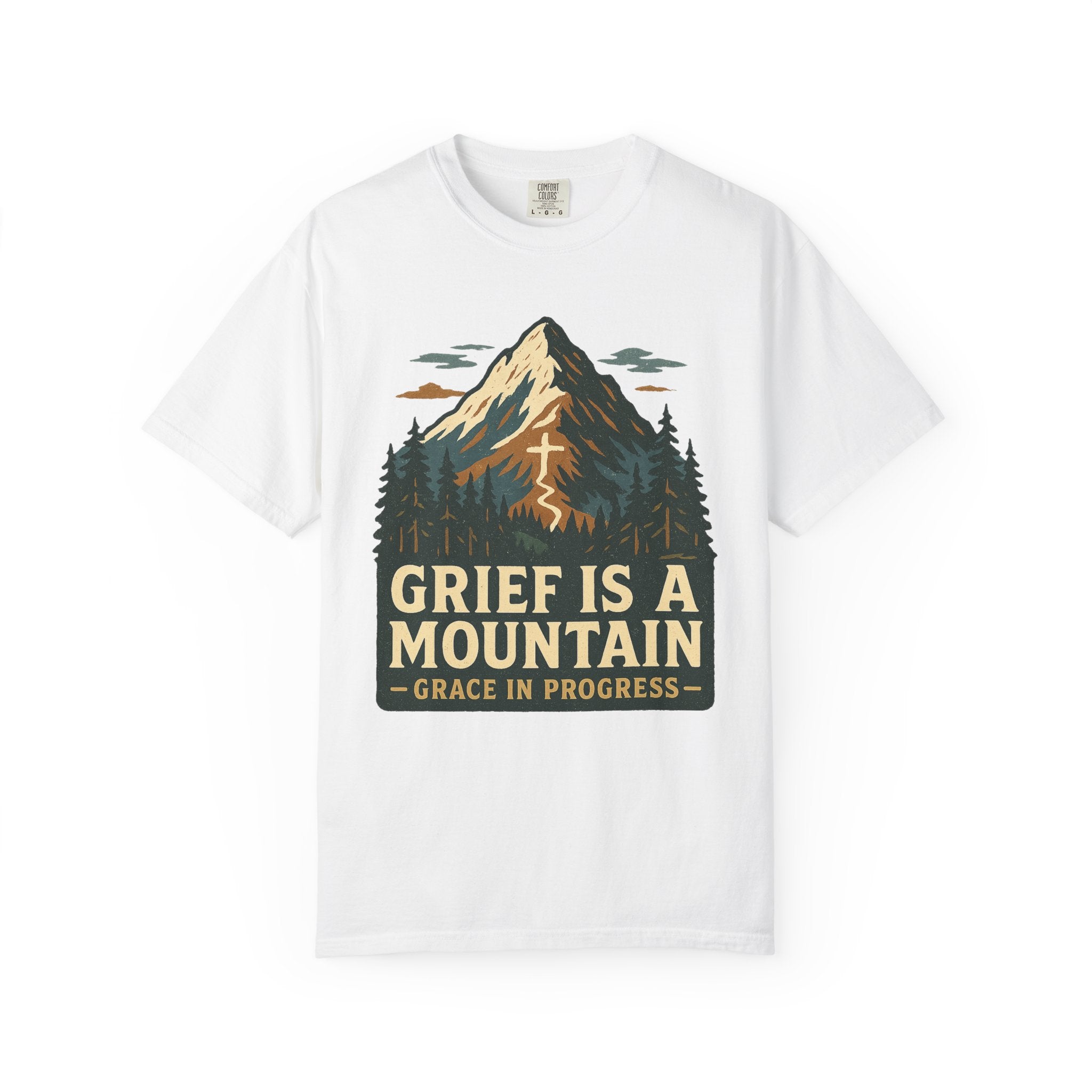 Grief Is A Mountain Vintage Outdoor Faith T-Shirt | Grace In Progress | Comfort Colors Grief Healing Apparel