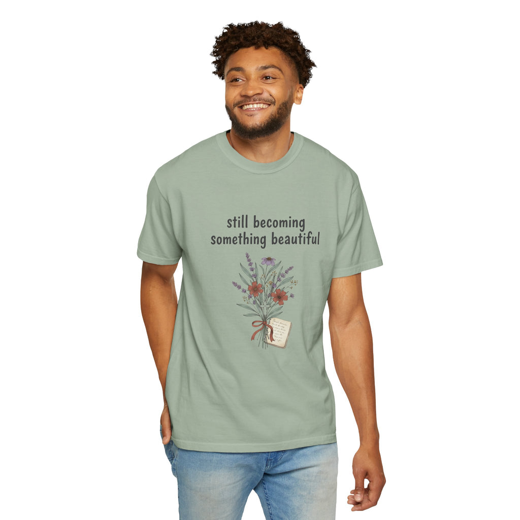 Grace in Progress Faith T-Shirt — Still Becoming Something Beautiful — Vintage Wildflower Christian Tee for Women Healing & Growing