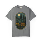 Still Here Still Wild Moonlit Forest Badge T-Shirt | Vintage Outdoor Faith Tee | Night Hike | Grace In Progress | Resilience Gift