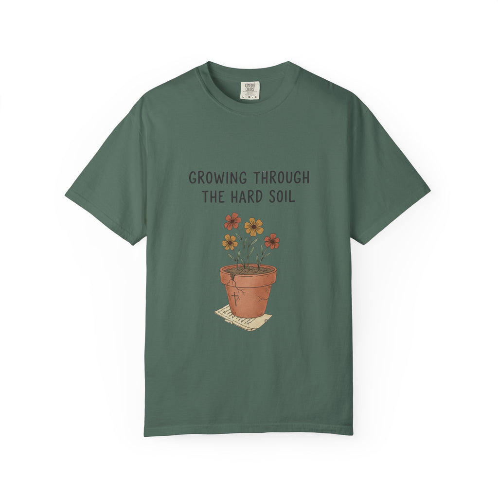 Grace in Progress Faith T-Shirt — Growing Through the Hard Soil — Vintage Terracotta Plant Christian Tee | Healing & Growth Design for Women