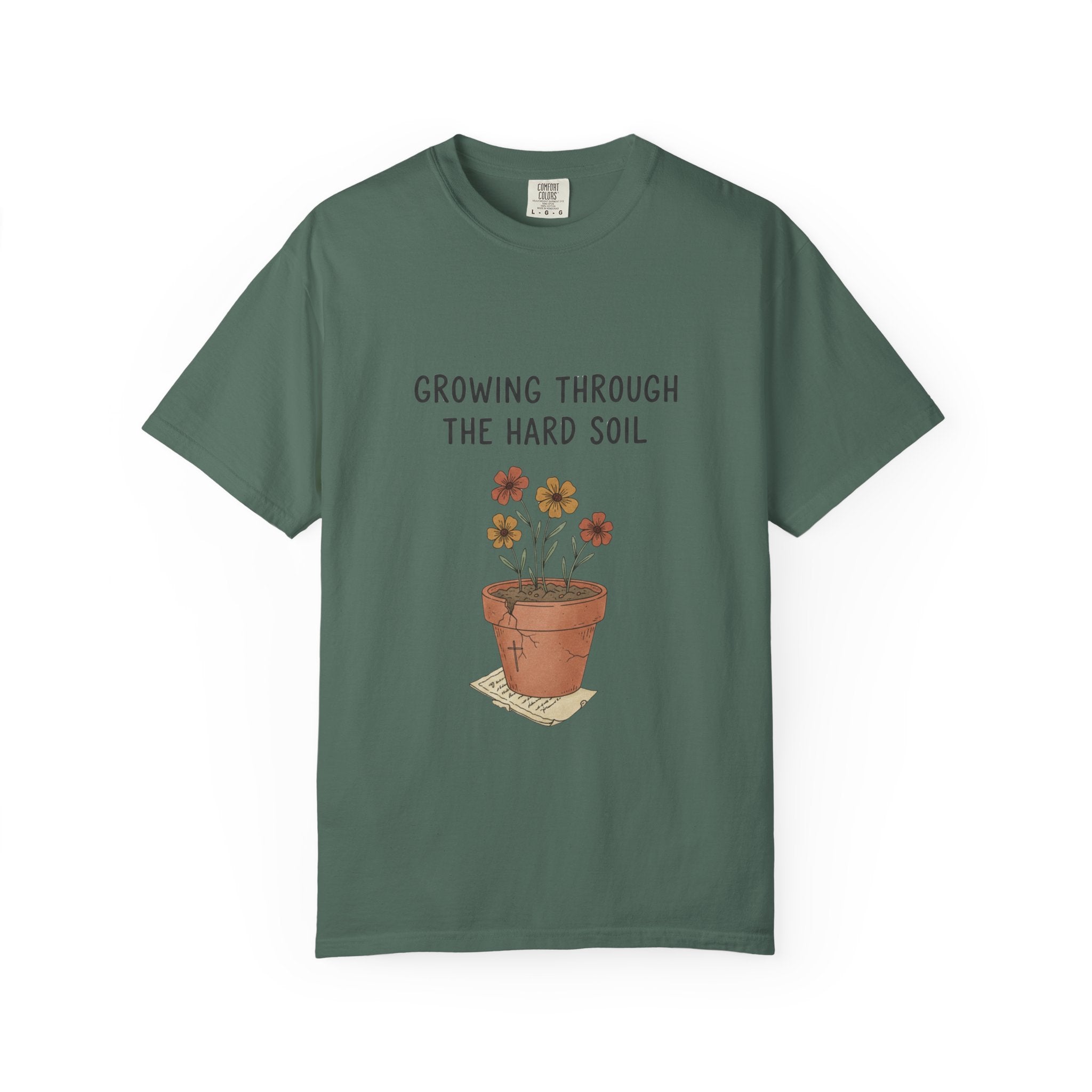 Grace in Progress Faith T-Shirt — Growing Through the Hard Soil — Vintage Terracotta Plant Christian Tee | Healing & Growth Design for Women