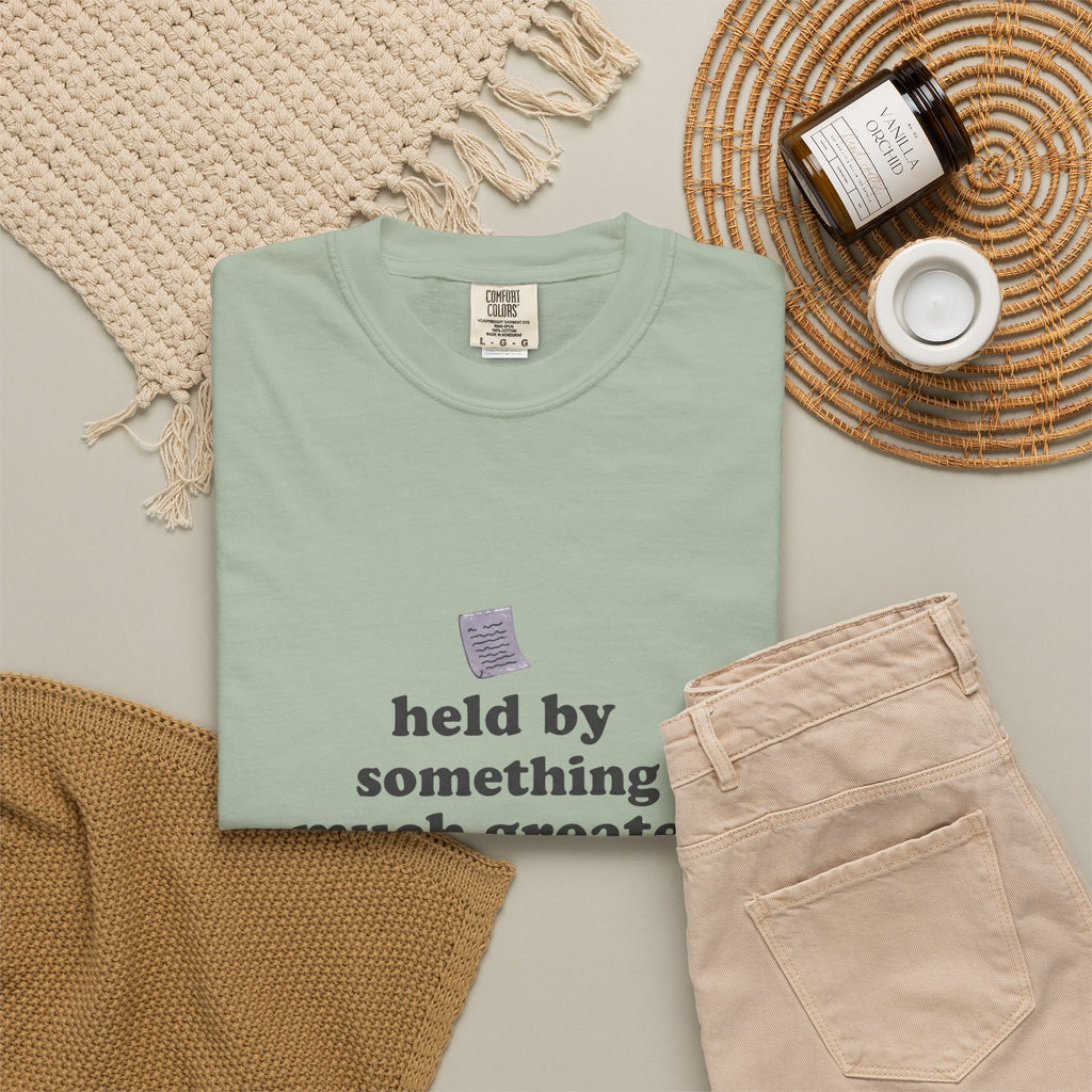 Grace in Progress Christian T-Shirt — Held by Something Much Greater — Vintage Hands & Wildflower Faith Tee | Prayer & Healing Shirt for Women