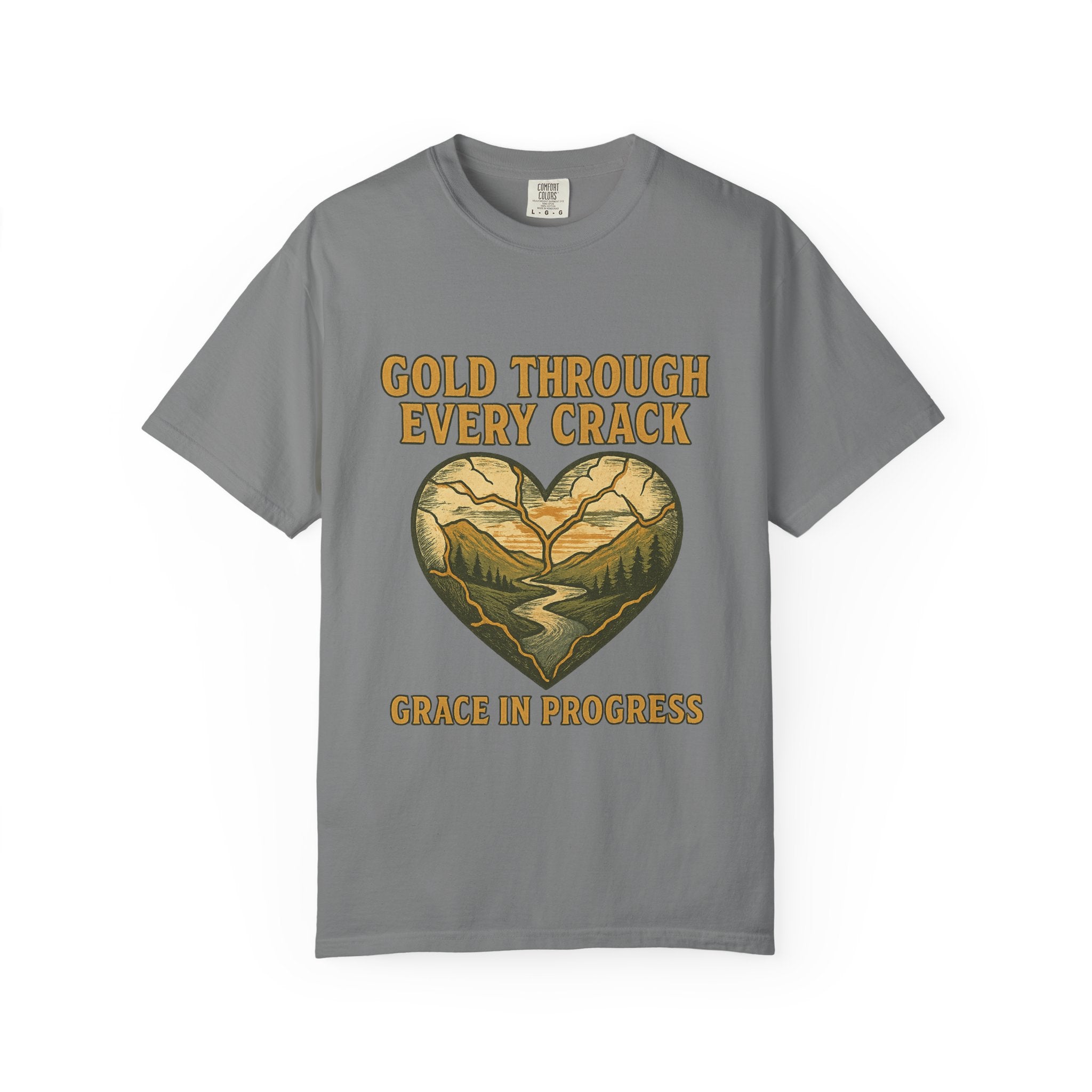 Gold Through Every Crack | Kintsugi Heart Vintage Faith Tee | Grace In Progress | Healing Grief Recovery Shirt | Christian Mental Health Apparel