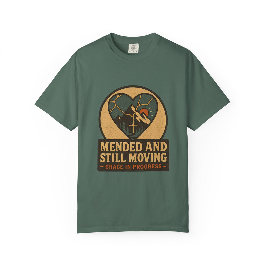 Mended And Still Moving Kintsugi Heart Mountain Faith Tee | Grace In Progress | Grief Recovery Healing Apparel