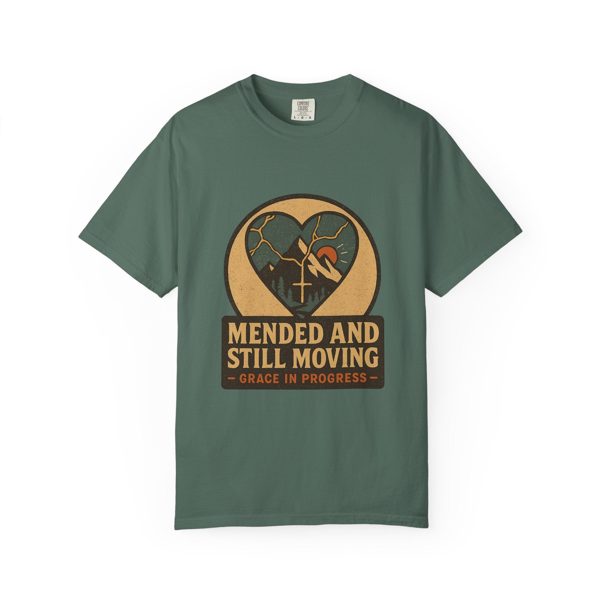Mended And Still Moving Kintsugi Heart Mountain Faith Tee | Grace In Progress | Grief Recovery Healing Apparel