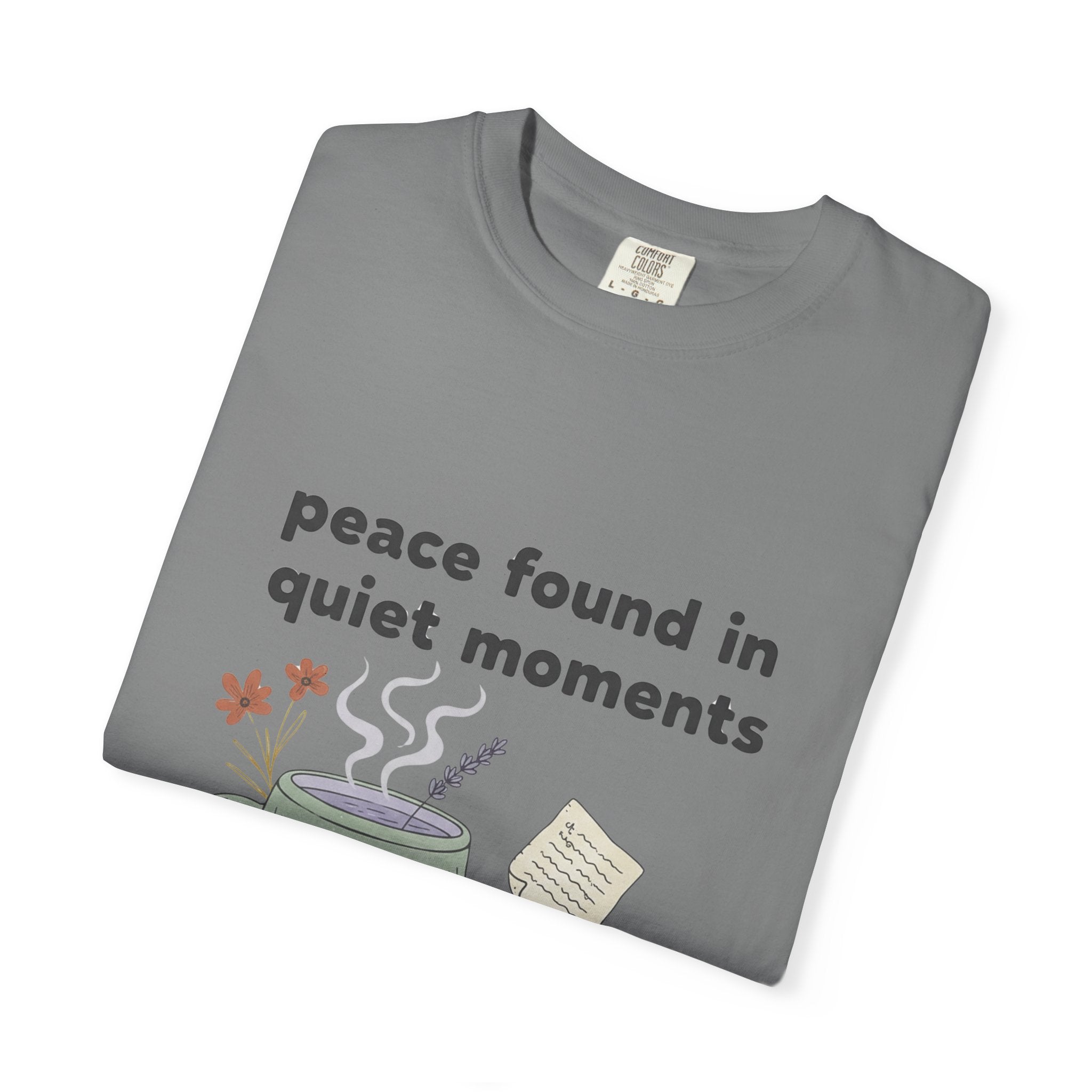 Grace in Progress Anxiety Faith T-Shirt — Peace Found in Quiet Moments — Vintage Christian Tea Mug Tee for Women | Calm Faith Design