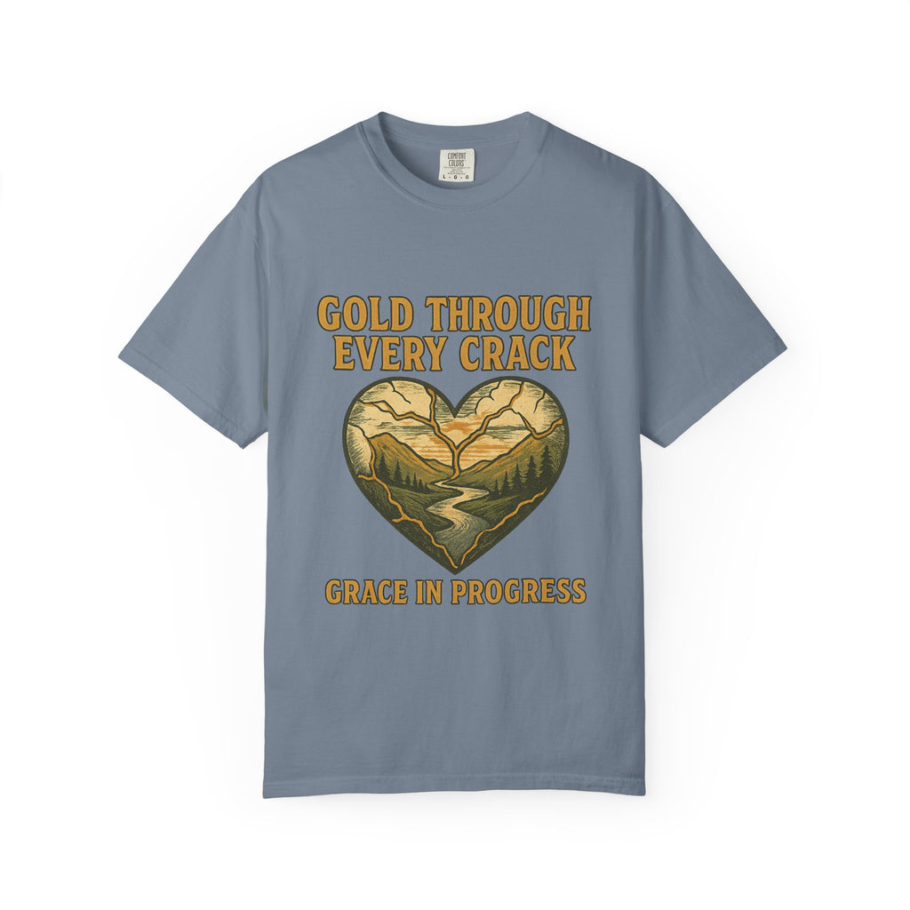 Gold Through Every Crack | Kintsugi Heart Vintage Faith Tee | Grace In Progress | Healing Grief Recovery Shirt | Christian Mental Health Apparel