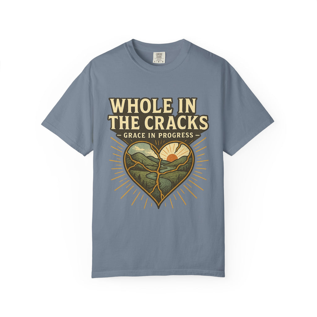 Whole In The Cracks Kintsugi Heart Landscape T-Shirt | Faith Healing Apparel | Recovery Gift | Vintage Screen Print Tee | Grace In Progress