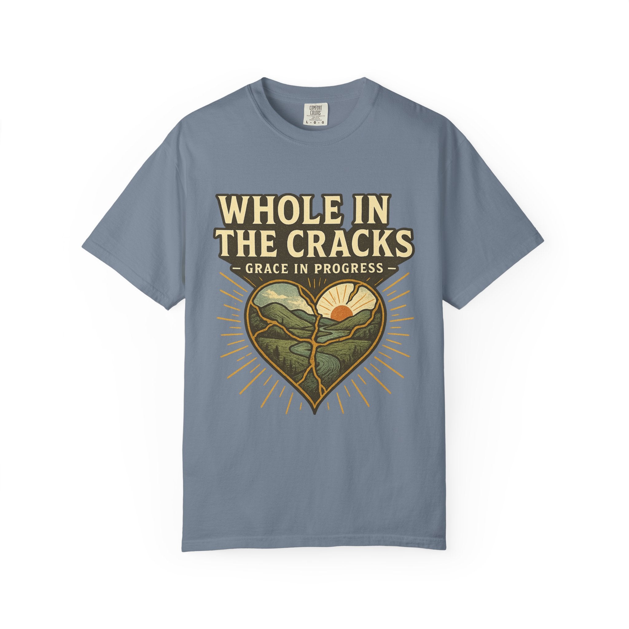 Whole In The Cracks Kintsugi Heart Landscape T-Shirt | Faith Healing Apparel | Recovery Gift | Vintage Screen Print Tee | Grace In Progress