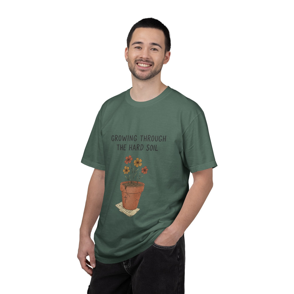 Grace in Progress Faith T-Shirt — Growing Through the Hard Soil — Vintage Terracotta Plant Christian Tee | Healing & Growth Design for Women