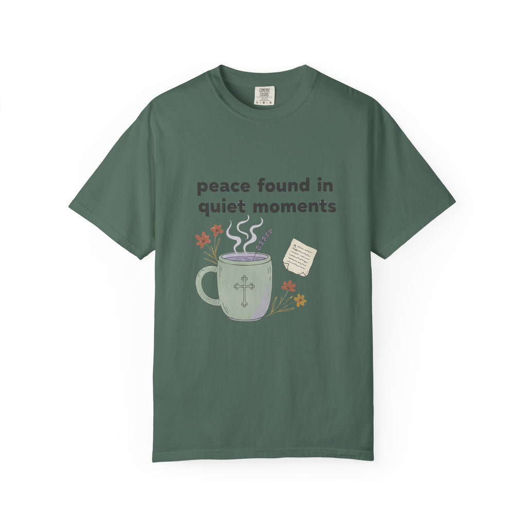 Grace in Progress Anxiety Faith T-Shirt — Peace Found in Quiet Moments — Vintage Christian Tea Mug Tee for Women | Calm Faith Design
