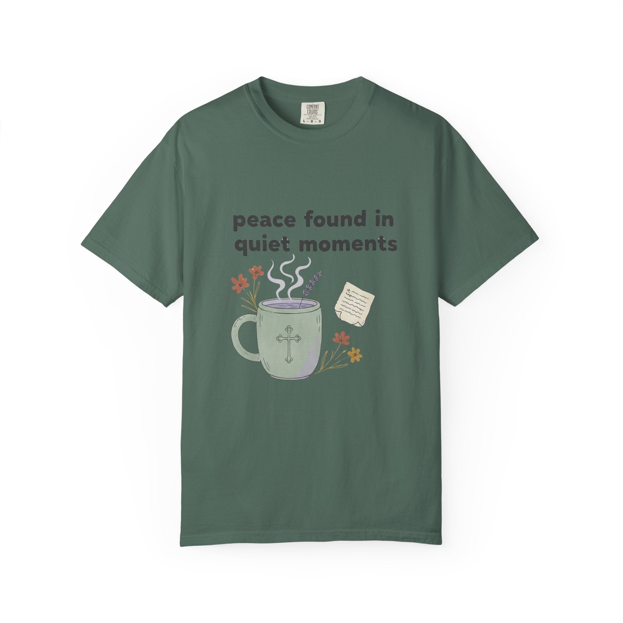Grace in Progress Anxiety Faith T-Shirt — Peace Found in Quiet Moments — Vintage Christian Tea Mug Tee for Women | Calm Faith Design