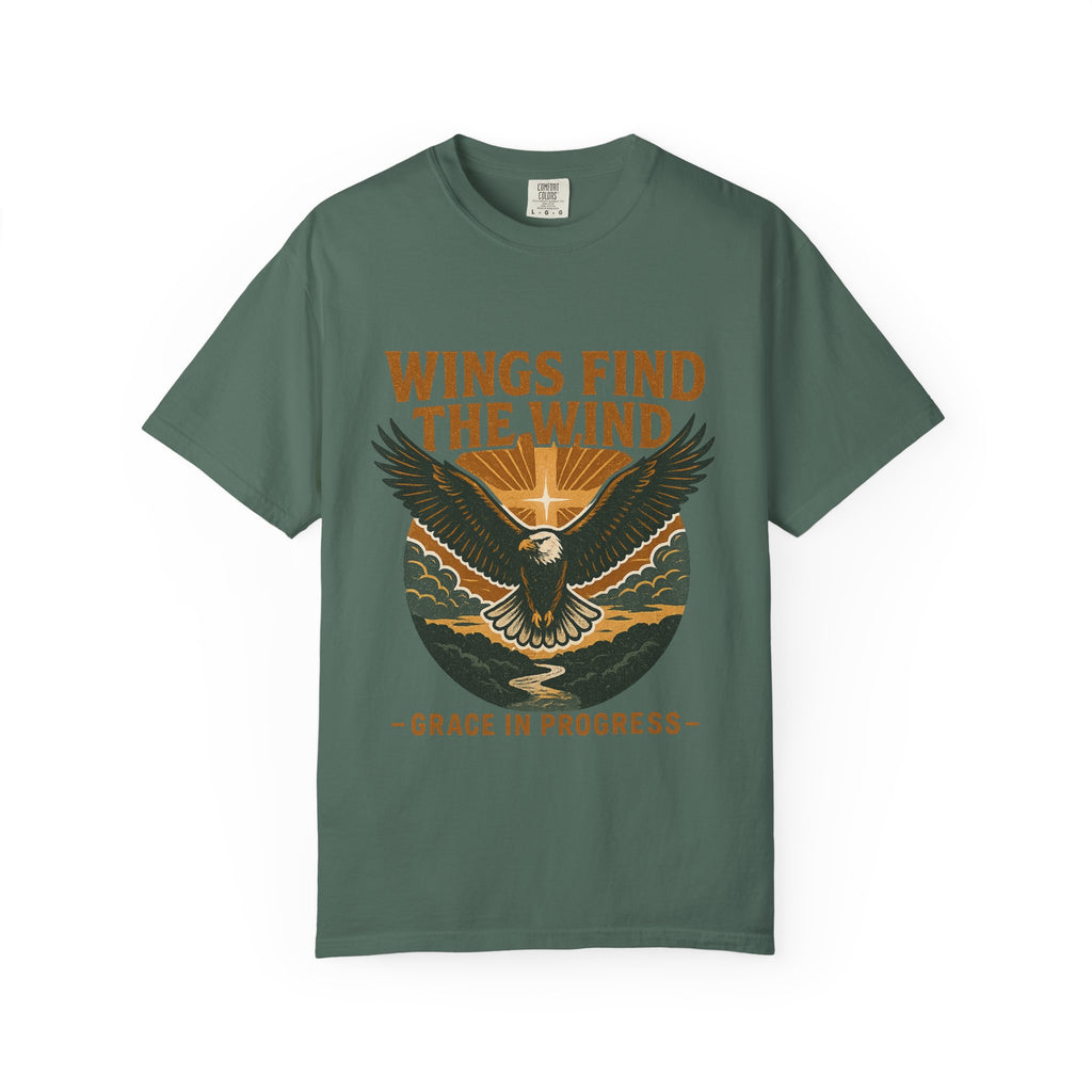Wings Find The Wind | Vintage Eagle Sunrise Faith Tee | Grace In Progress | Christian Outdoor Apparel | Hope Resilience Recovery Shirt