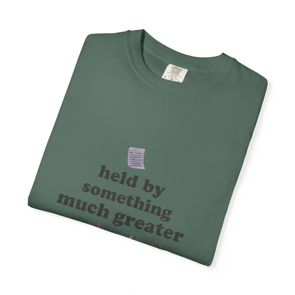 Grace in Progress Christian T-Shirt — Held by Something Much Greater — Vintage Hands & Wildflower Faith Tee | Prayer & Healing Shirt for Women
