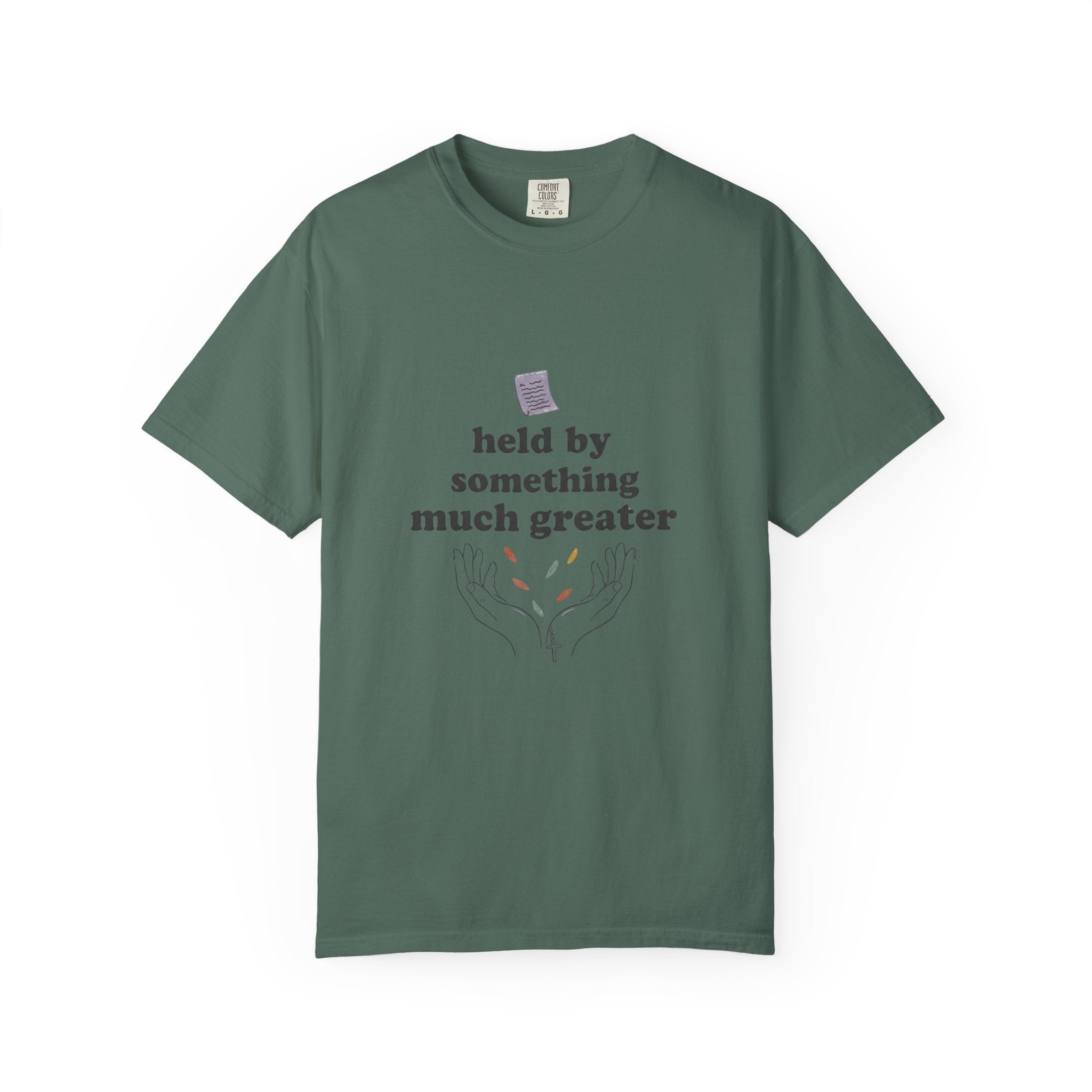 Grace in Progress Christian T-Shirt — Held by Something Much Greater — Vintage Hands & Wildflower Faith Tee | Prayer & Healing Shirt for Women