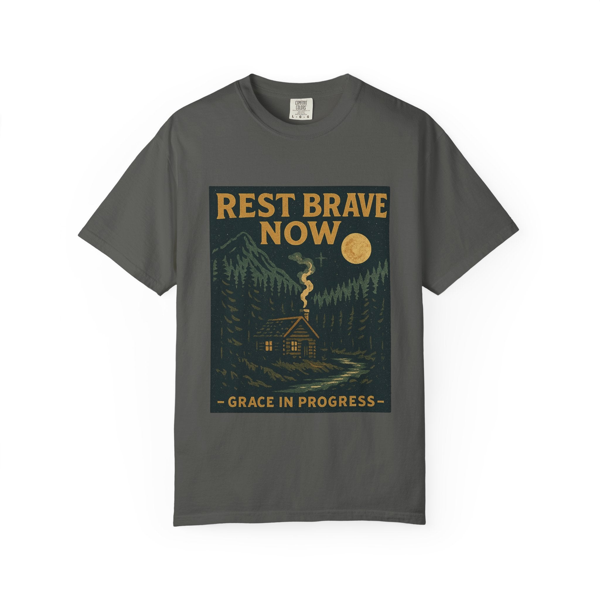 Rest Is Brave Now Vintage Cabin T-Shirt | Faith Outdoor Apparel | Burnout Rest Encouragement Shirt | Moonlit Cabin Tee | Grace In Progress