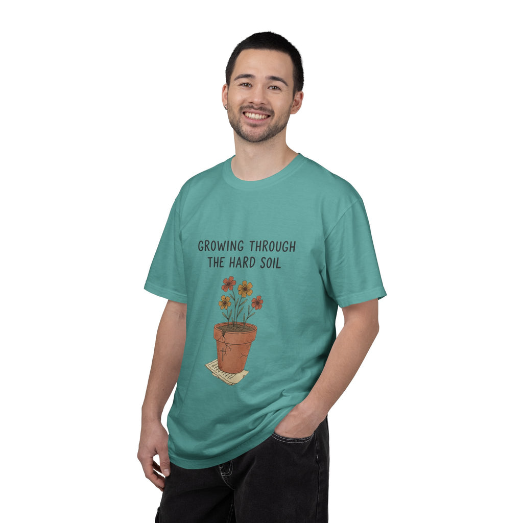 Grace in Progress Faith T-Shirt — Growing Through the Hard Soil — Vintage Terracotta Plant Christian Tee | Healing & Growth Design for Women