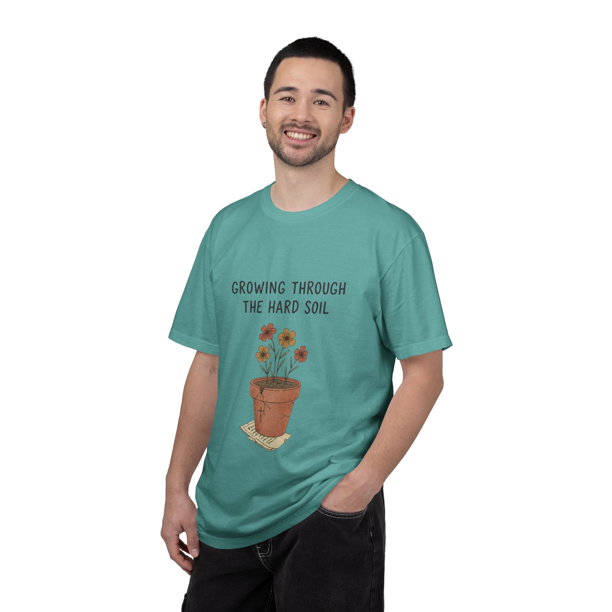 Grace in Progress Faith T-Shirt — Growing Through the Hard Soil — Vintage Terracotta Plant Christian Tee | Healing & Growth Design for Women