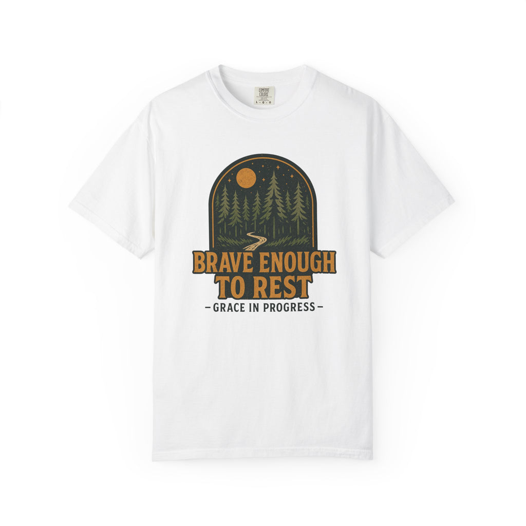 Brave Enough To Rest | Moonlit Forest Badge Vintage Tee | Grace In Progress | Faith Outdoor Shirt | Rest Burnout Recovery Apparel