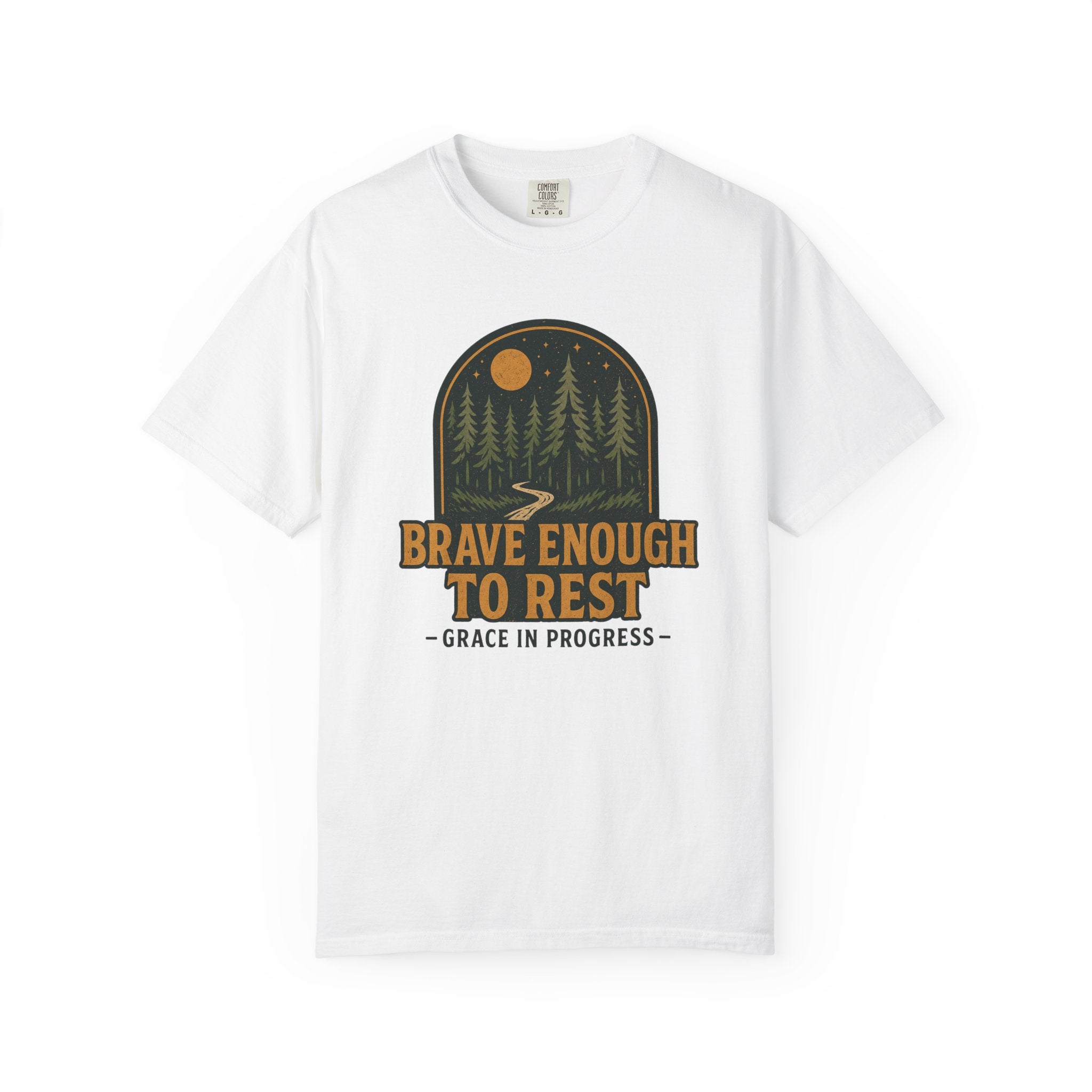 Brave Enough To Rest | Moonlit Forest Badge Vintage Tee | Grace In Progress | Faith Outdoor Shirt | Rest Burnout Recovery Apparel
