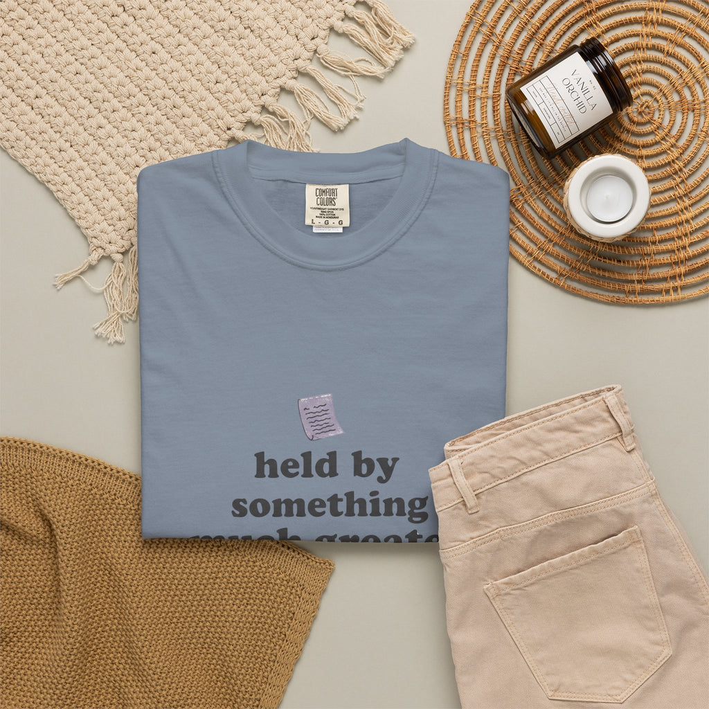 Grace in Progress Christian T-Shirt — Held by Something Much Greater — Vintage Hands & Wildflower Faith Tee | Prayer & Healing Shirt for Women