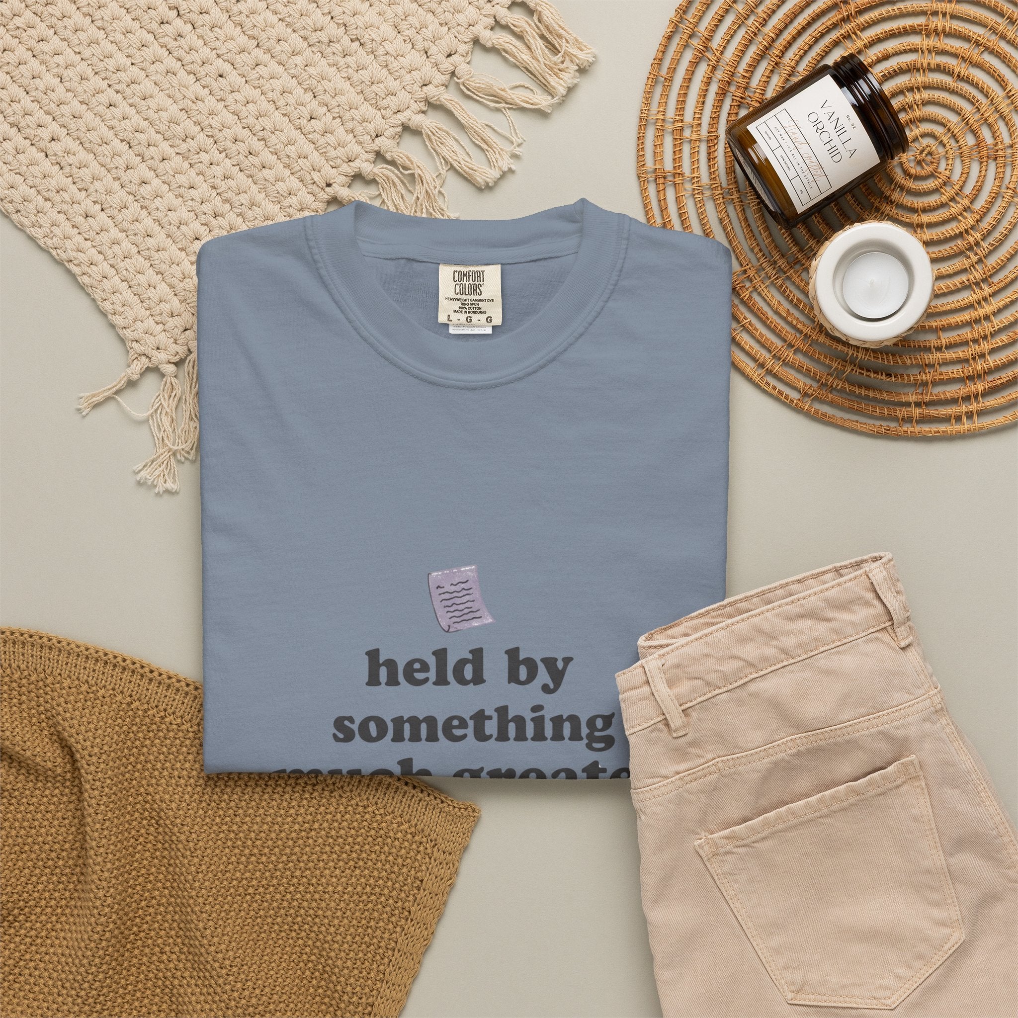 Grace in Progress Christian T-Shirt — Held by Something Much Greater — Vintage Hands & Wildflower Faith Tee | Prayer & Healing Shirt for Women