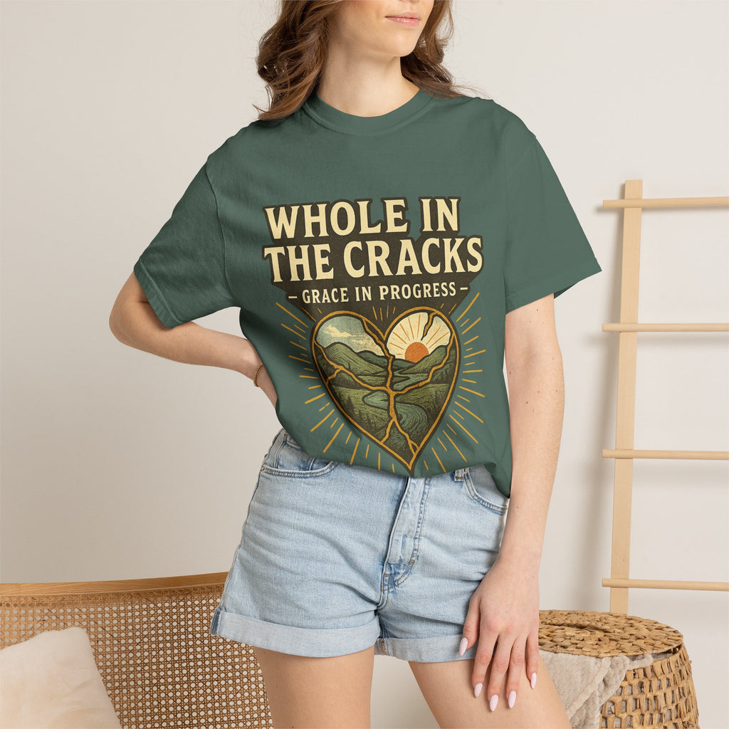 Whole In The Cracks Kintsugi Heart Landscape T-Shirt | Faith Healing Apparel | Recovery Gift | Vintage Screen Print Tee | Grace In Progress