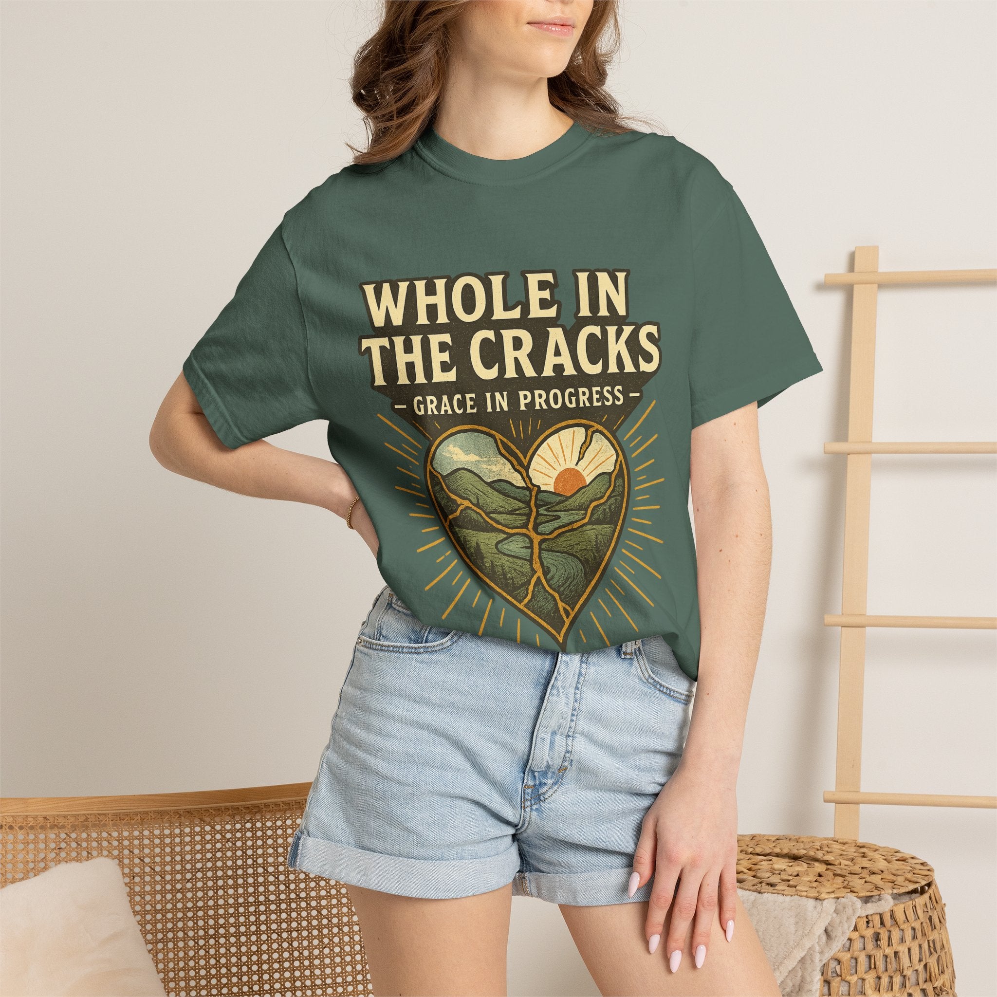 Whole In The Cracks Kintsugi Heart Landscape T-Shirt | Faith Healing Apparel | Recovery Gift | Vintage Screen Print Tee | Grace In Progress