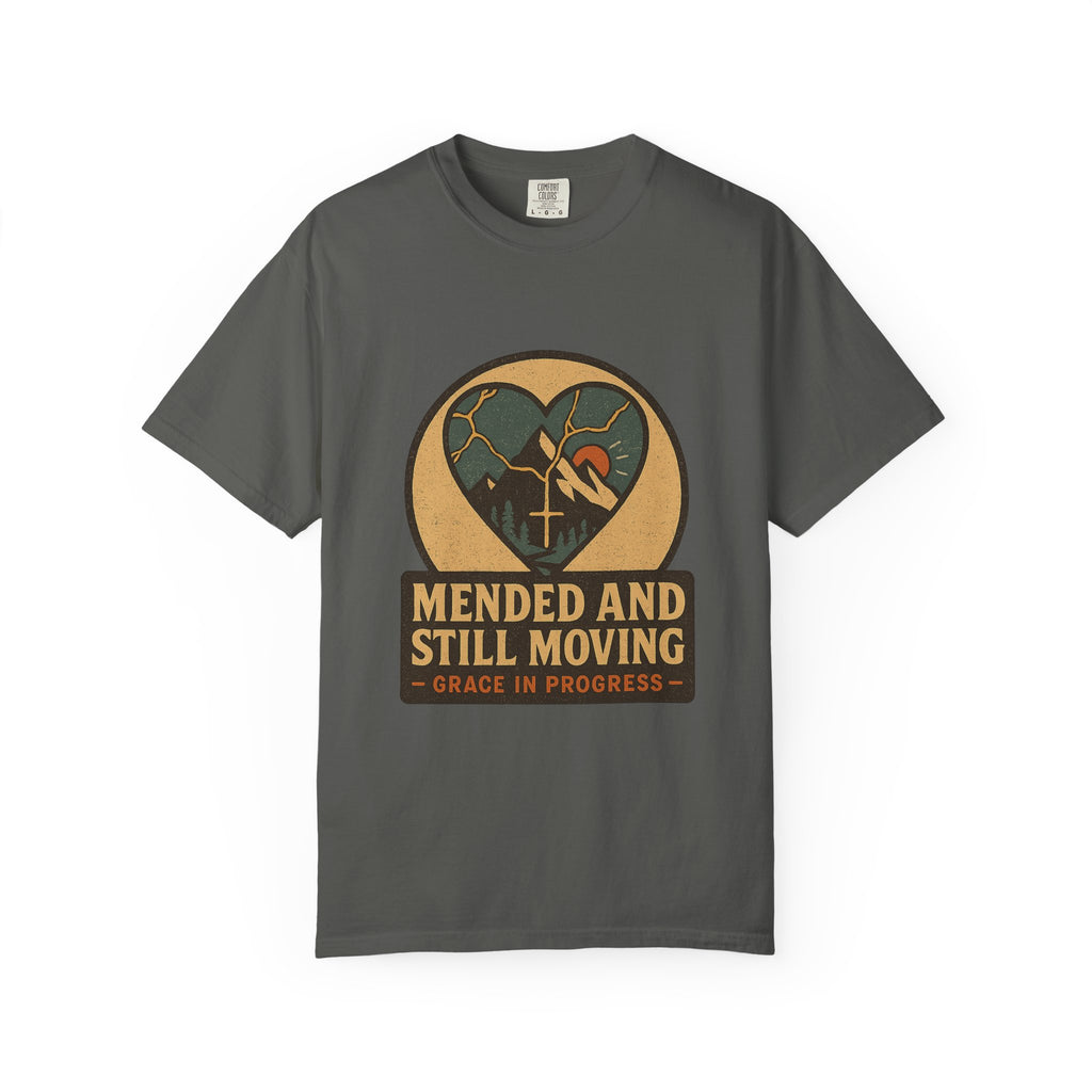 Mended And Still Moving Kintsugi Heart Mountain Faith Tee | Grace In Progress | Grief Recovery Healing Apparel