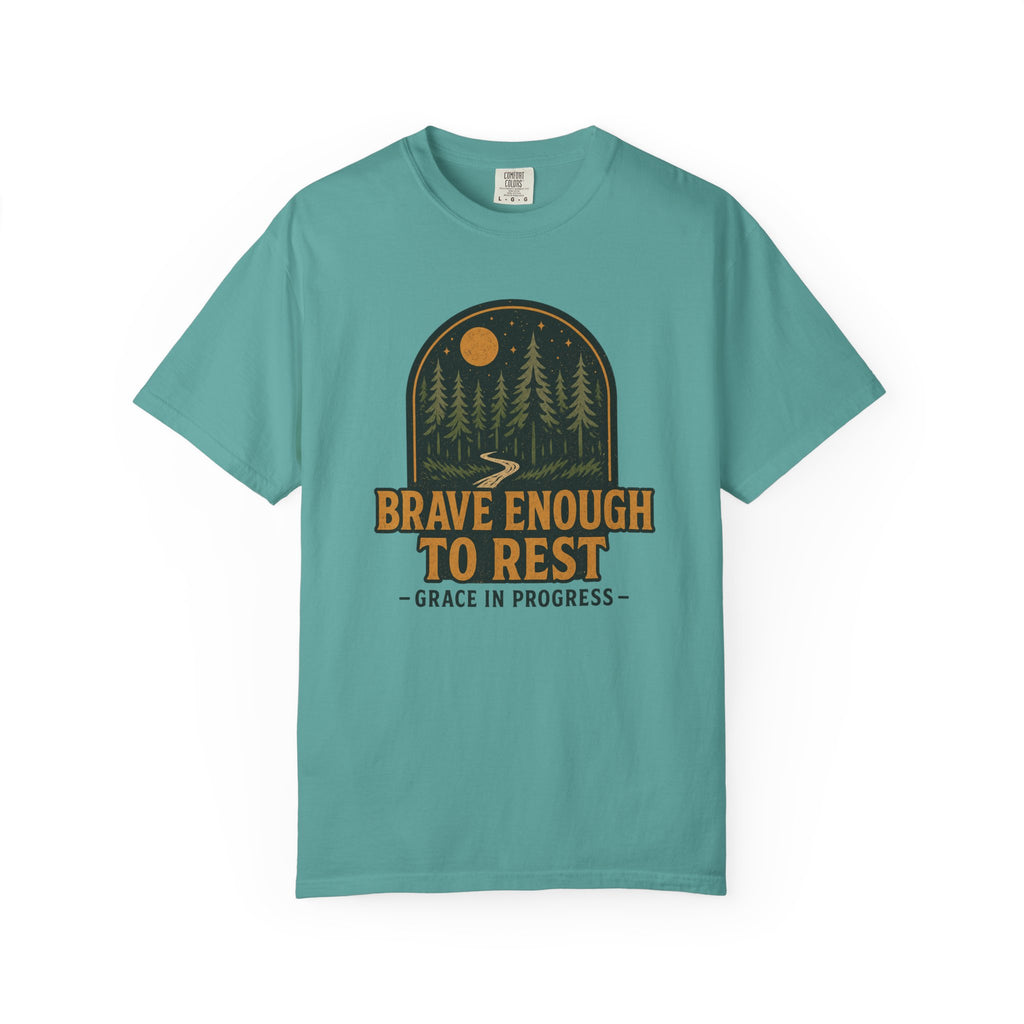 Brave Enough To Rest | Moonlit Forest Badge Vintage Tee | Grace In Progress | Faith Outdoor Shirt | Rest Burnout Recovery Apparel