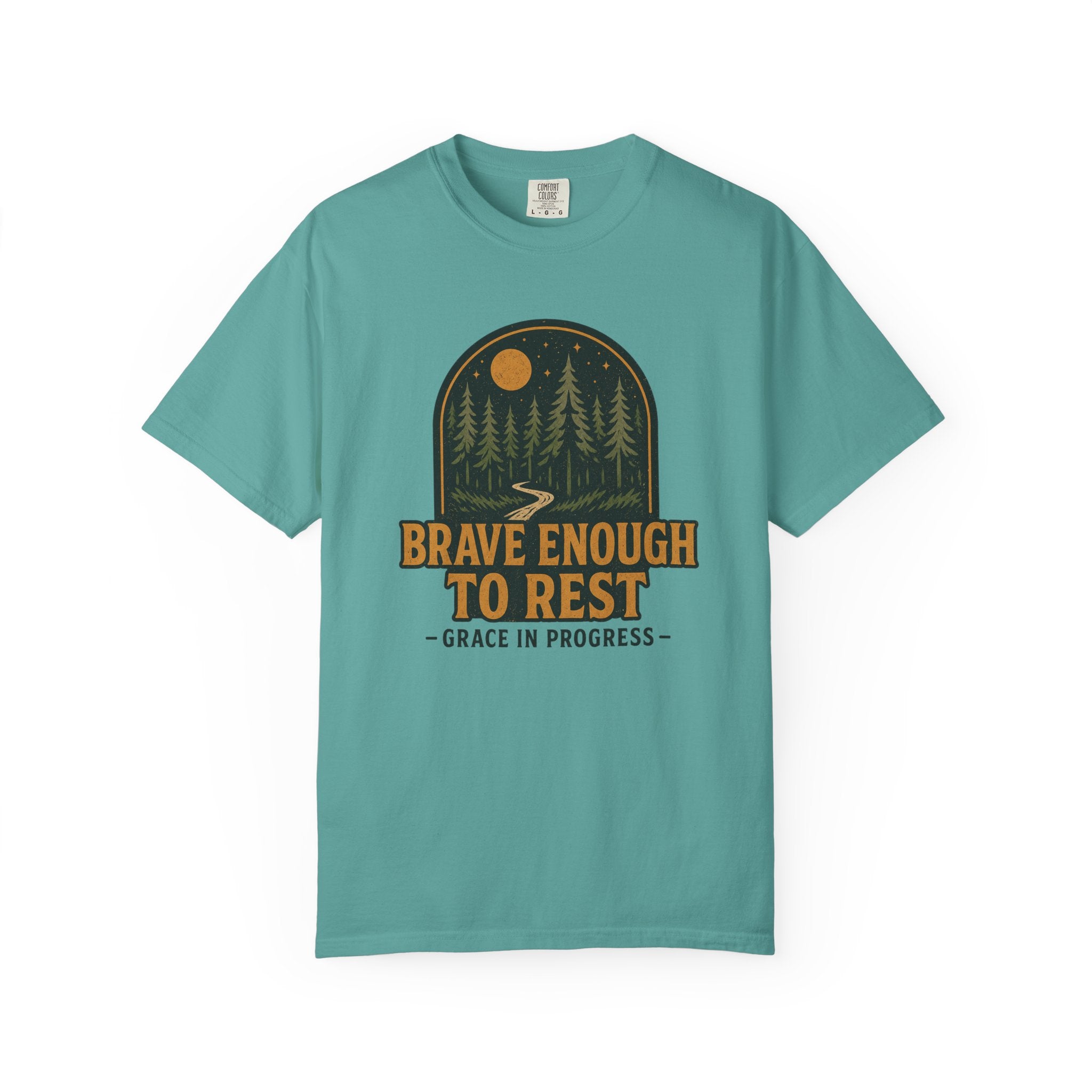 Brave Enough To Rest | Moonlit Forest Badge Vintage Tee | Grace In Progress | Faith Outdoor Shirt | Rest Burnout Recovery Apparel