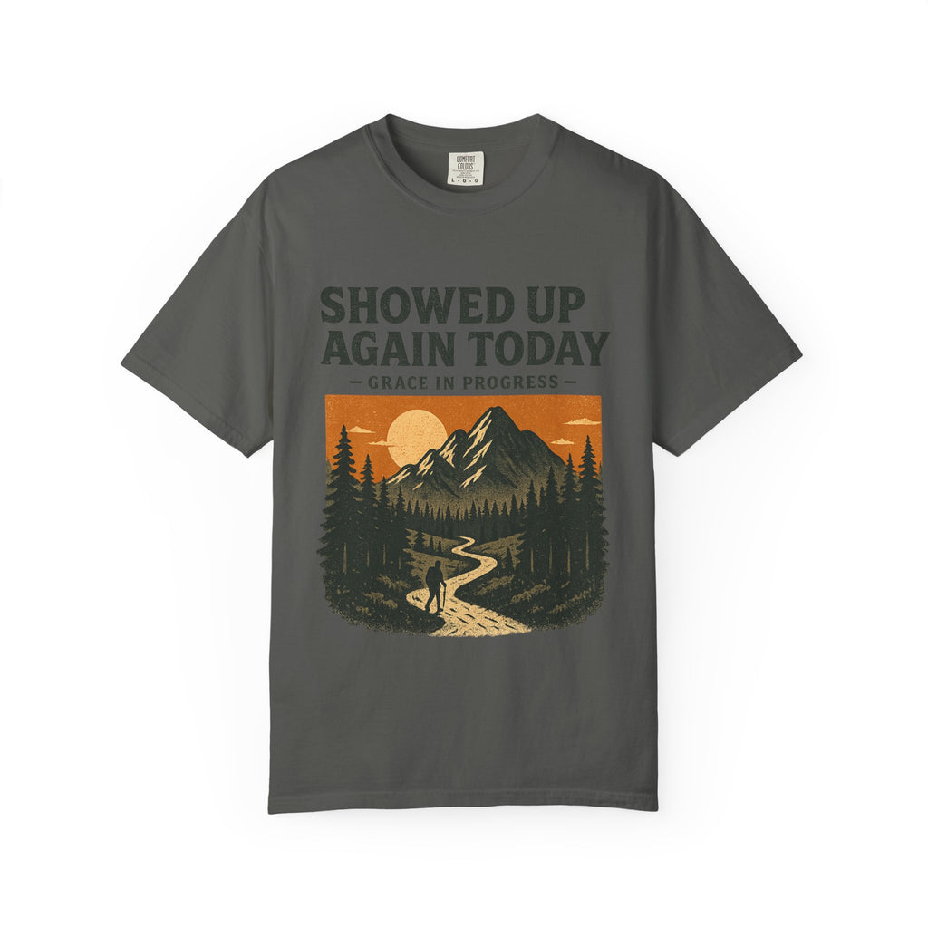 Showed Up Again Today Vintage Mountain T-Shirt | Faith Outdoor Apparel | Hiking Tee | Grace In Progress | Mental Health Encouragement Gift
