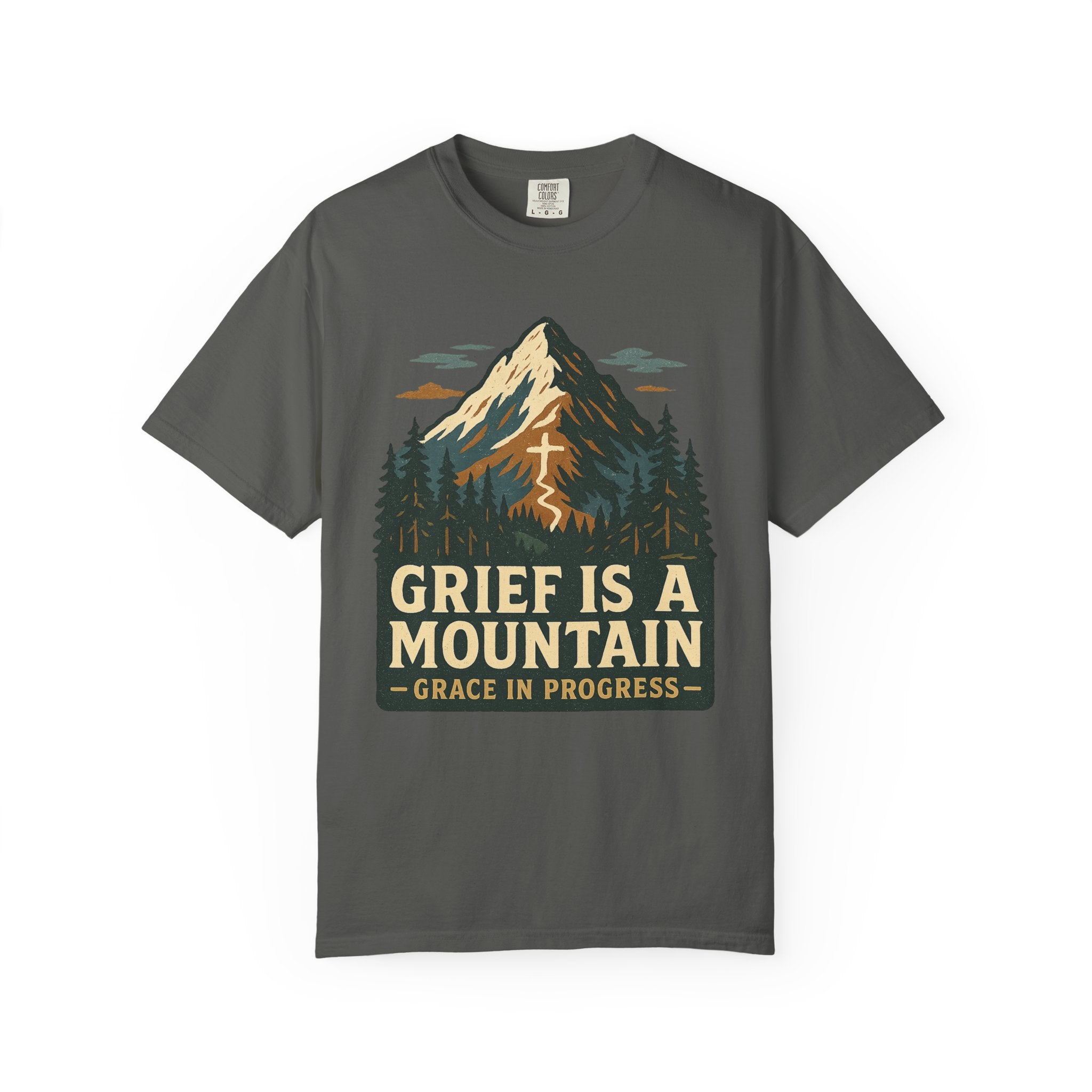 Grief Is A Mountain Vintage Outdoor Faith T-Shirt | Grace In Progress | Comfort Colors Grief Healing Apparel