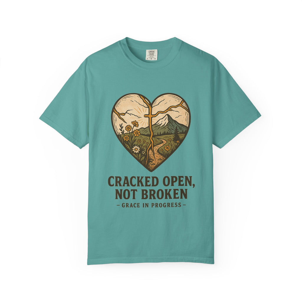 Cracked Open Not Broken Kintsugi Heart T-Shirt | Vintage Outdoor Faith Tee | Healing Journey Gift | Grace In Progress | Mental Health Apparel