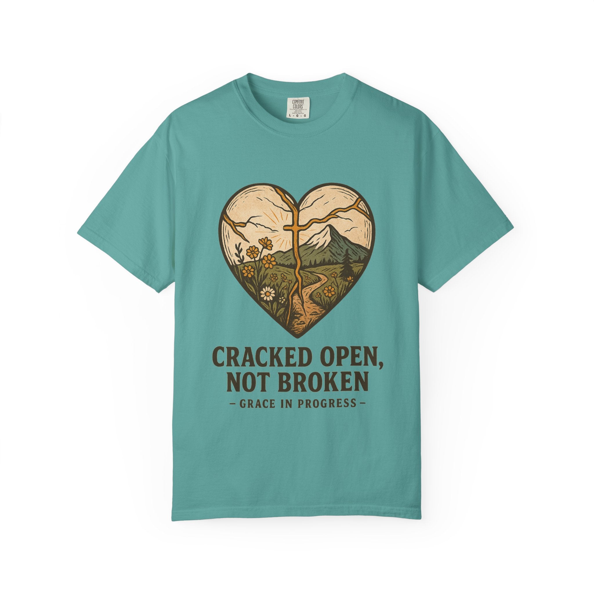 Cracked Open Not Broken Kintsugi Heart T-Shirt | Vintage Outdoor Faith Tee | Healing Journey Gift | Grace In Progress | Mental Health Apparel