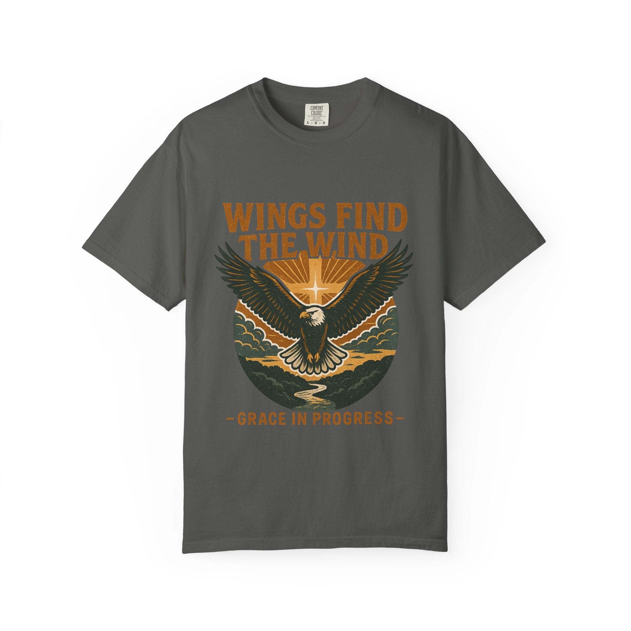 Wings Find The Wind | Vintage Eagle Sunrise Faith Tee | Grace In Progress | Christian Outdoor Apparel | Hope Resilience Recovery Shirt