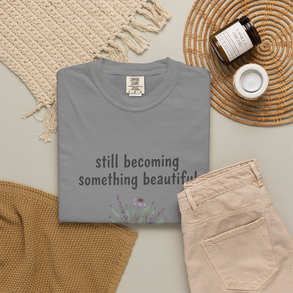 Grace in Progress Faith T-Shirt — Still Becoming Something Beautiful — Vintage Wildflower Christian Tee for Women Healing & Growing