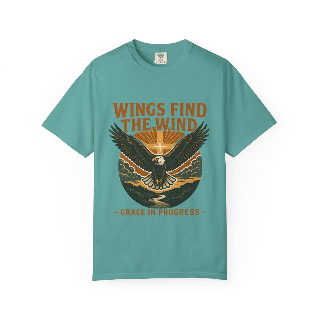 Wings Find The Wind | Vintage Eagle Sunrise Faith Tee | Grace In Progress | Christian Outdoor Apparel | Hope Resilience Recovery Shirt