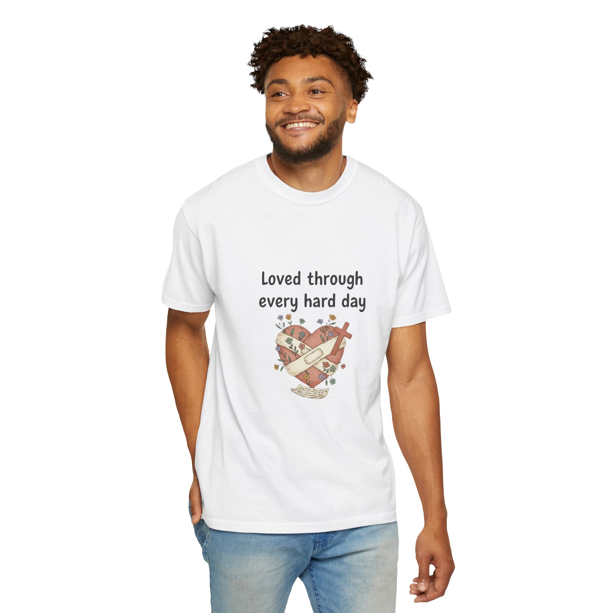 Grace in Progress Christian T-Shirt — Loved Through Every Hard Day — Faith & Mental Health Tee | Bandaged Heart Vintage Illustration