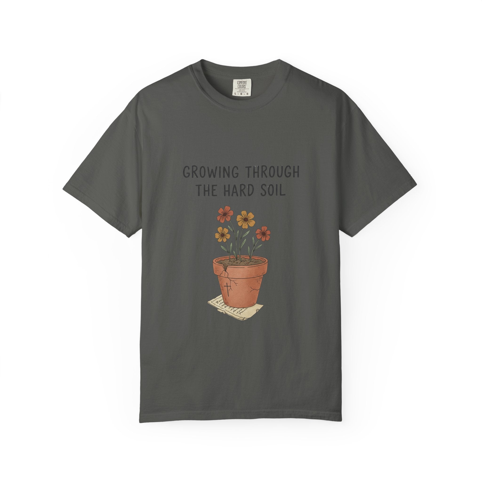Grace in Progress Faith T-Shirt — Growing Through the Hard Soil — Vintage Terracotta Plant Christian Tee | Healing & Growth Design for Women