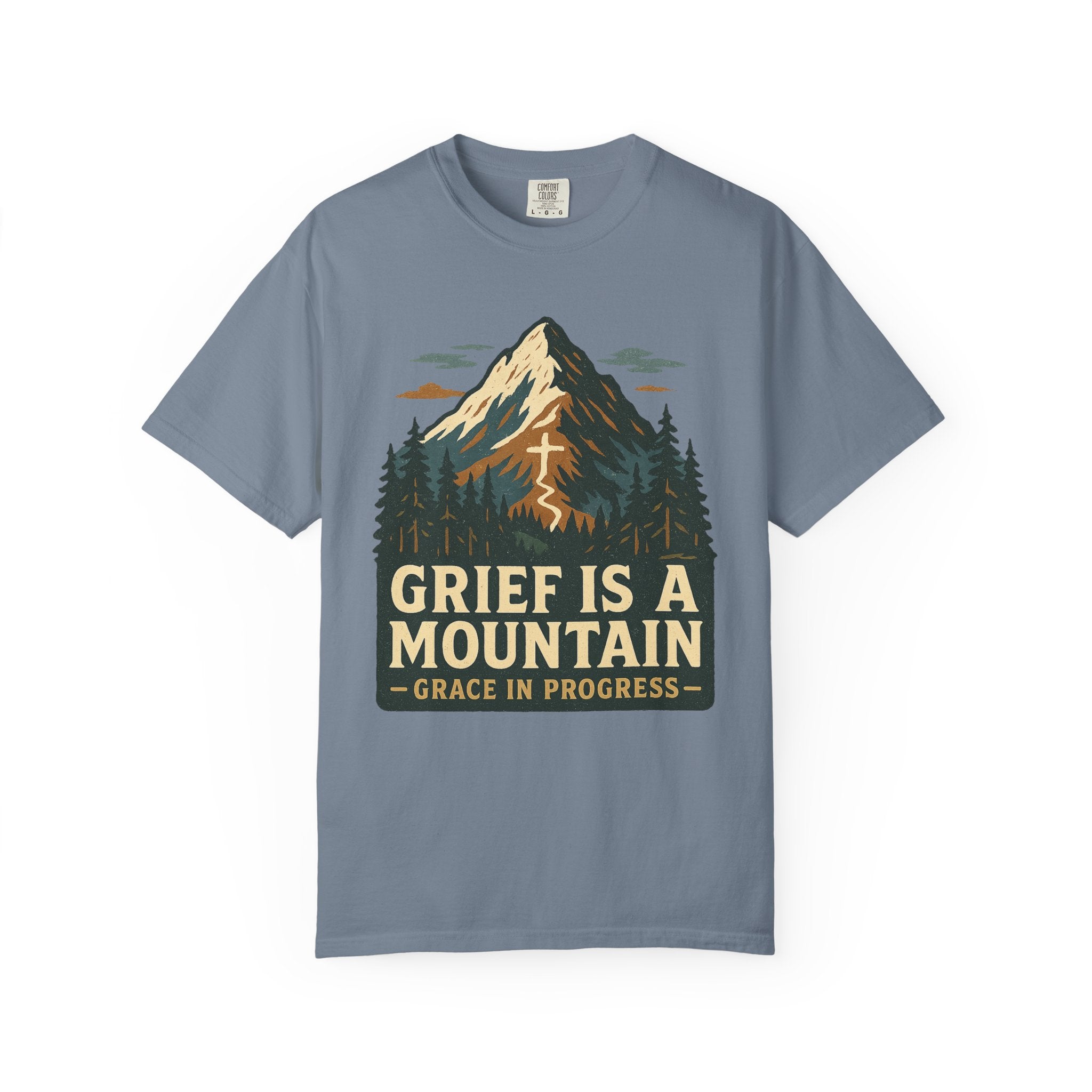 Grief Is A Mountain Vintage Outdoor Faith T-Shirt | Grace In Progress | Comfort Colors Grief Healing Apparel