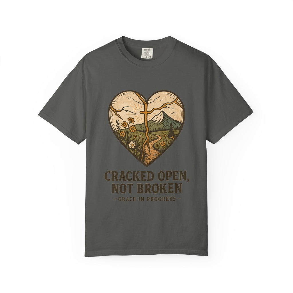 Cracked Open Not Broken Kintsugi Heart T-Shirt | Vintage Outdoor Faith Tee | Healing Journey Gift | Grace In Progress | Mental Health Apparel