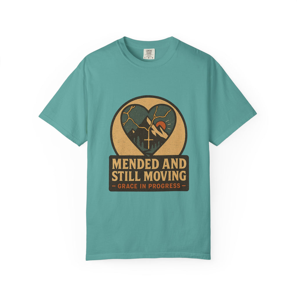Mended And Still Moving Kintsugi Heart Mountain Faith Tee | Grace In Progress | Grief Recovery Healing Apparel