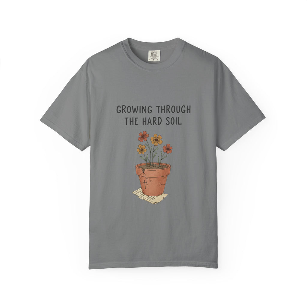 Grace in Progress Faith T-Shirt — Growing Through the Hard Soil — Vintage Terracotta Plant Christian Tee | Healing & Growth Design for Women