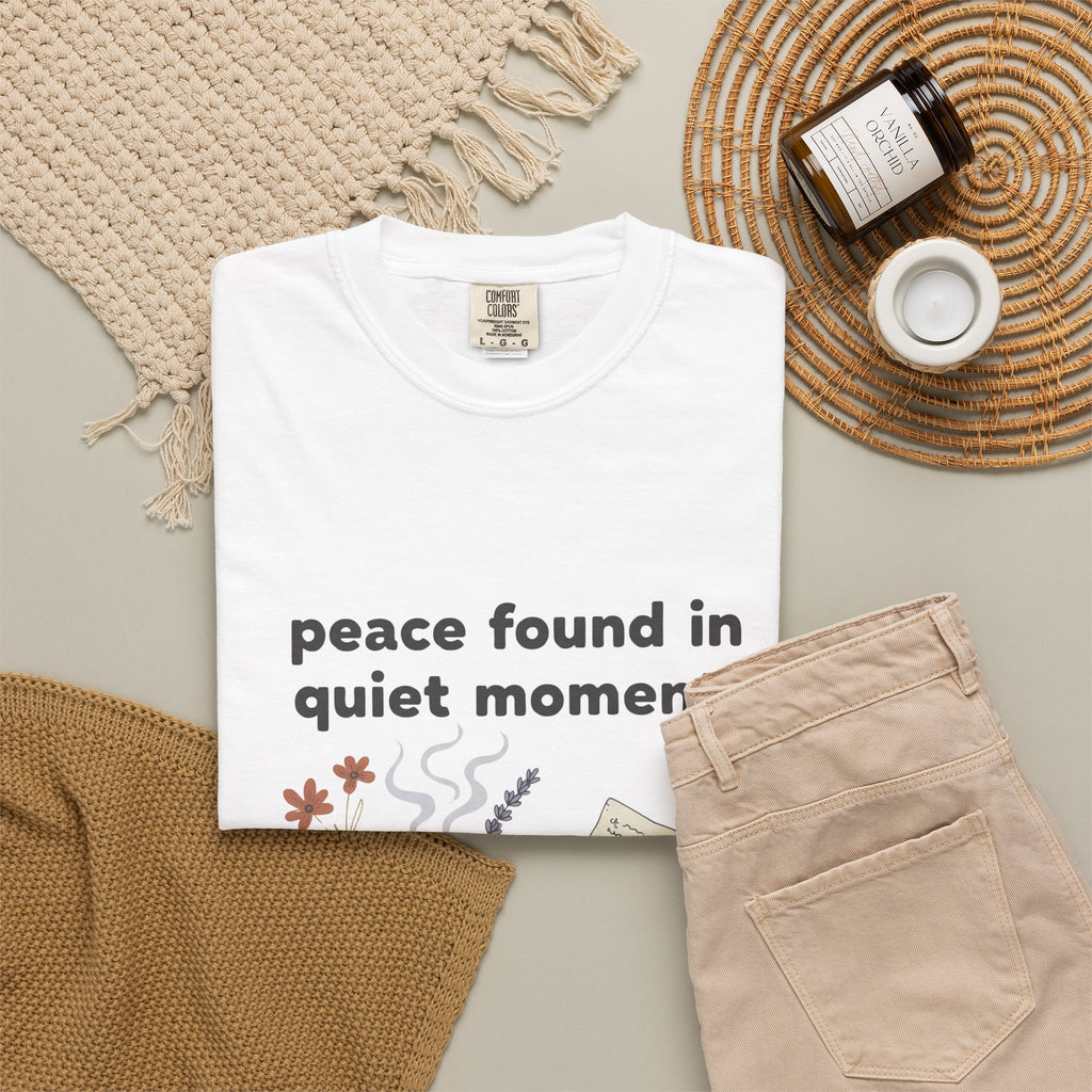 Grace in Progress Anxiety Faith T-Shirt — Peace Found in Quiet Moments — Vintage Christian Tea Mug Tee for Women | Calm Faith Design