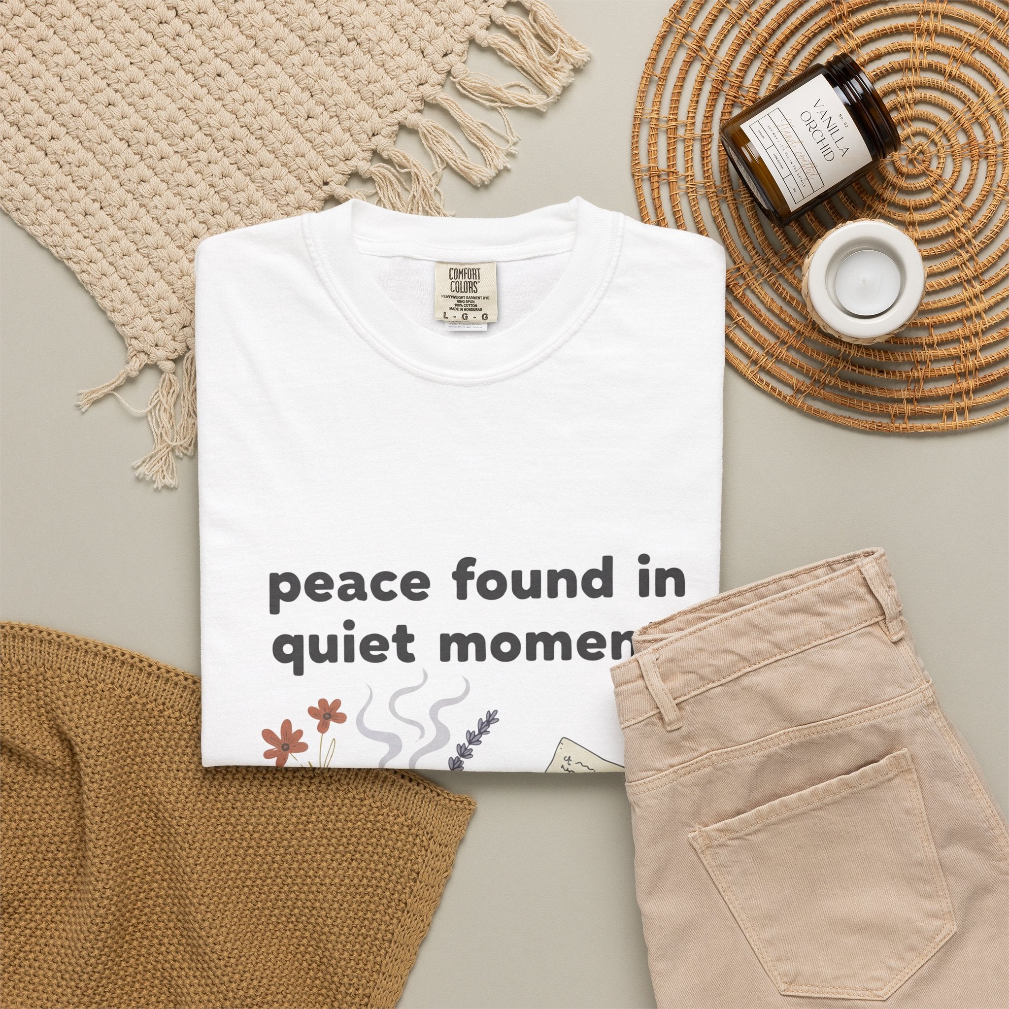 Grace in Progress Anxiety Faith T-Shirt — Peace Found in Quiet Moments — Vintage Christian Tea Mug Tee for Women | Calm Faith Design