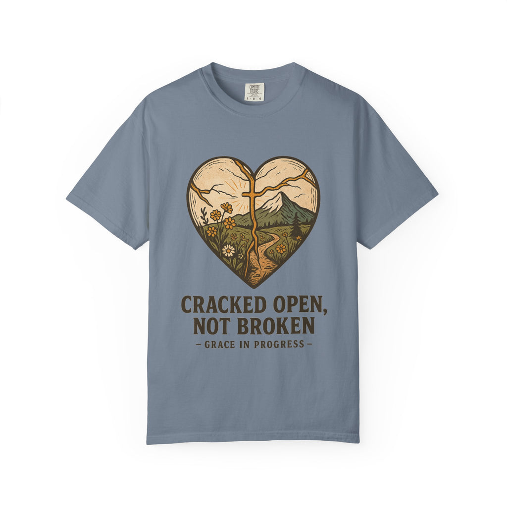 Cracked Open Not Broken Kintsugi Heart T-Shirt | Vintage Outdoor Faith Tee | Healing Journey Gift | Grace In Progress | Mental Health Apparel
