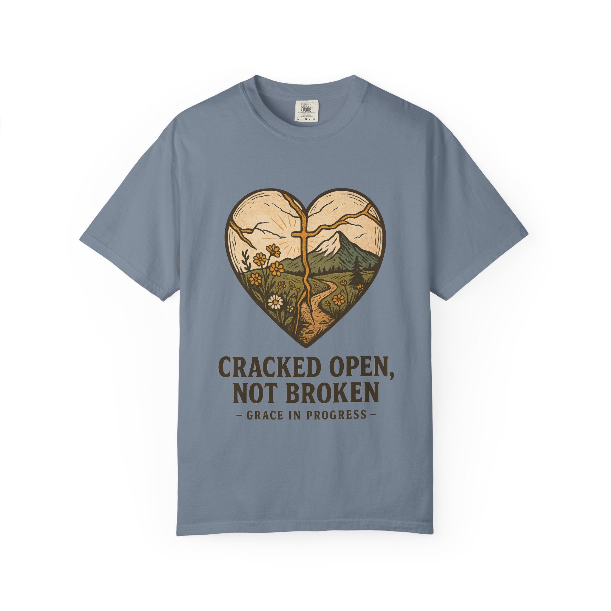 Cracked Open Not Broken Kintsugi Heart T-Shirt | Vintage Outdoor Faith Tee | Healing Journey Gift | Grace In Progress | Mental Health Apparel