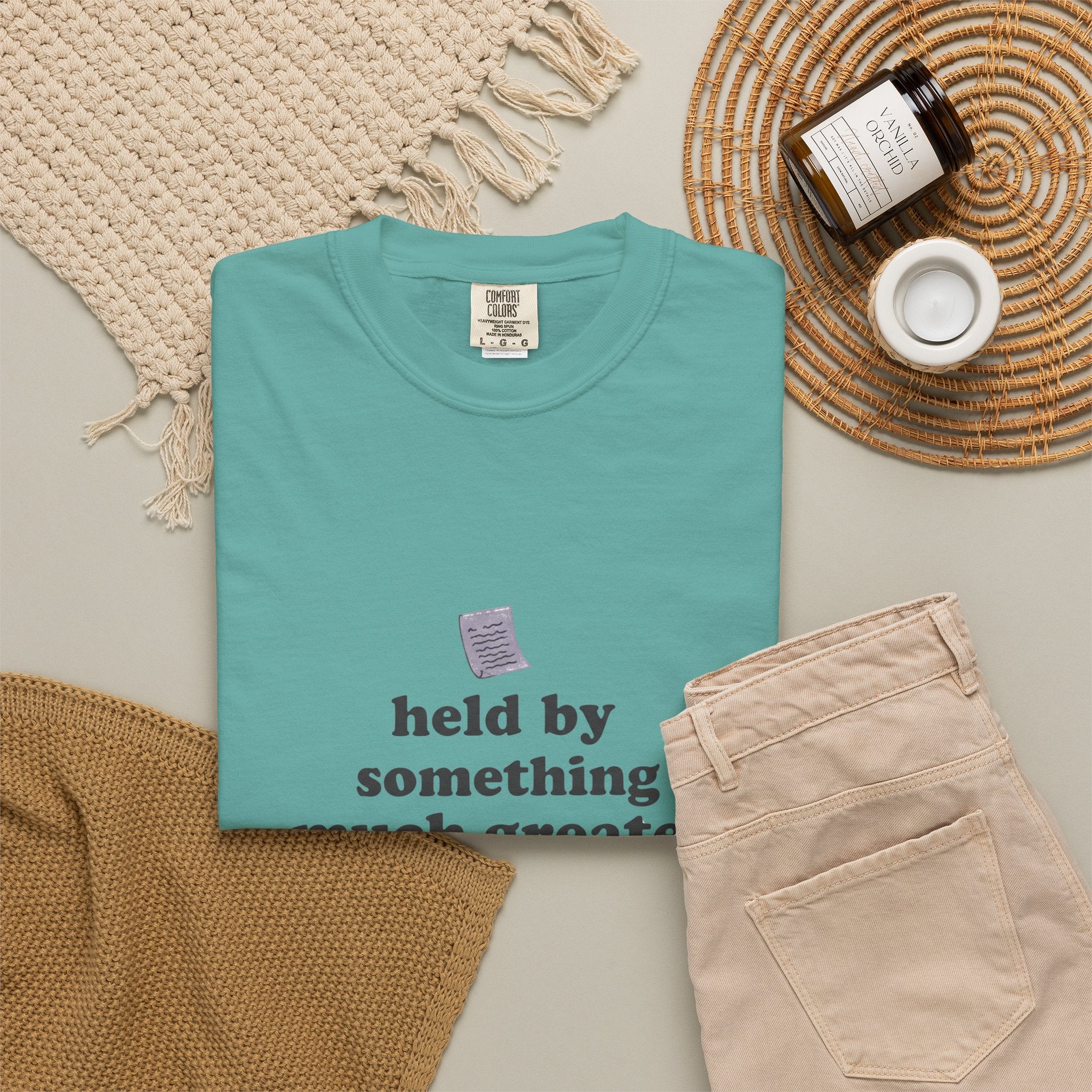 Grace in Progress Christian T-Shirt — Held by Something Much Greater — Vintage Hands & Wildflower Faith Tee | Prayer & Healing Shirt for Women
